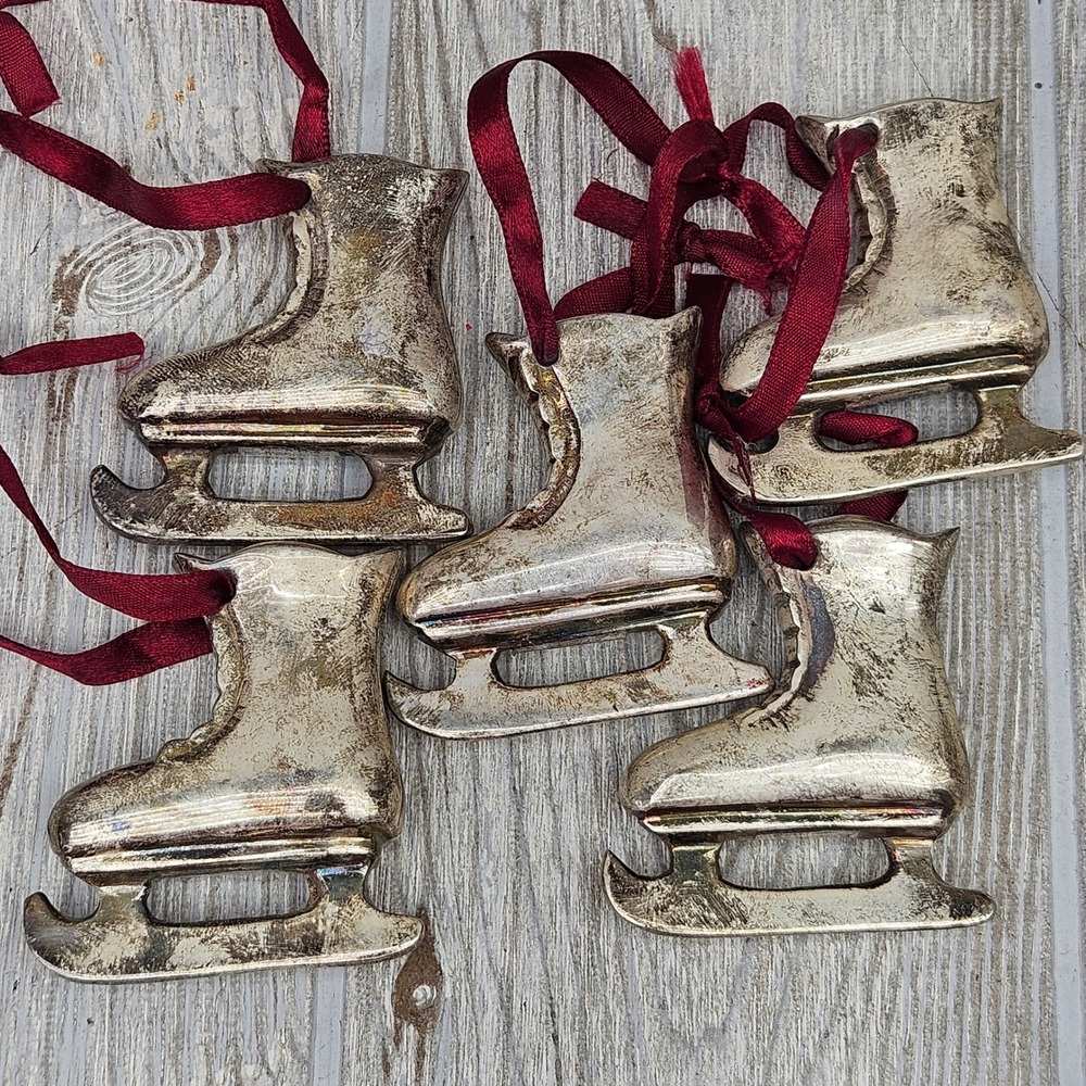Restoration Hardware Metal Ice Skate Christmas Ornaments Set of 5 Silver Plate